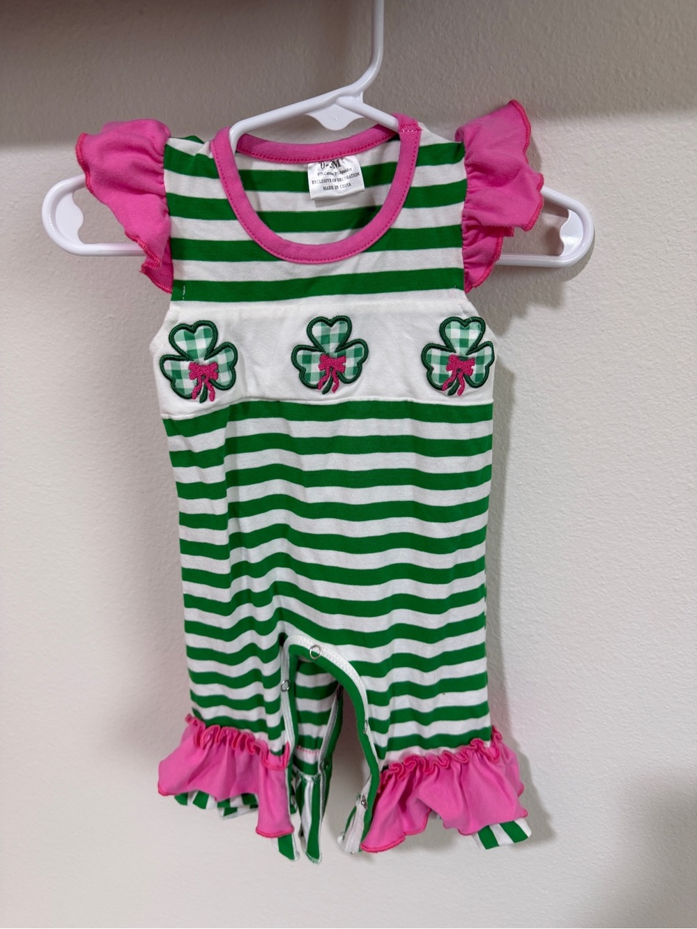 Green & White Striped Shamrock Baby Romper with Pink Ruffle Trim